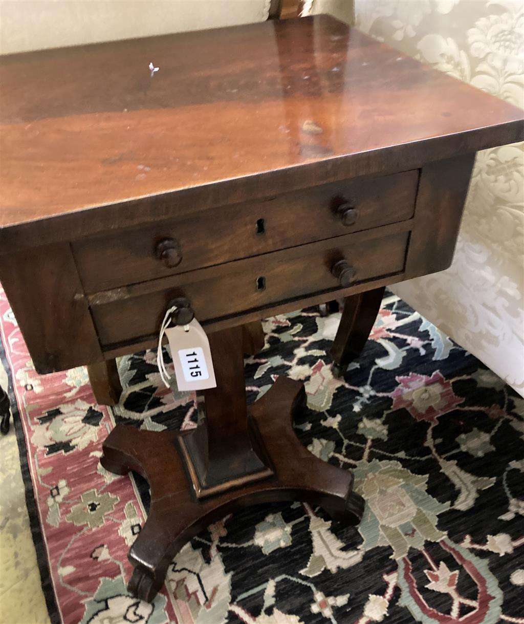 An early Victorian mahogany two drawer work table, width 47cm depth 40cm height 70cm